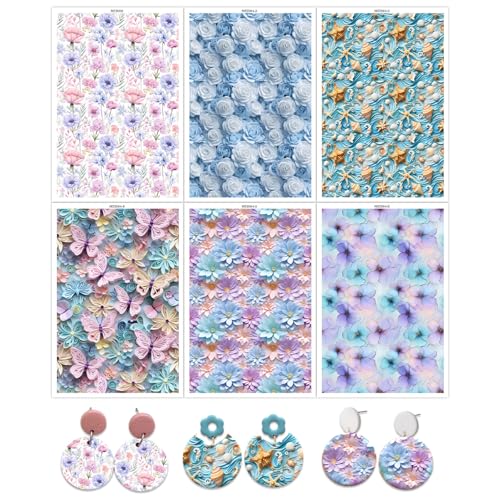6 Pcs Transfer Paper for Polymer Clay, 3D Floral Rose Butterflies Shells Pattern Clay Transfer Sheets, Water Soluble Polymer Clay Transfer Sheets Paper for DIY Jewelry Earrings Making 5.8"X3.9"