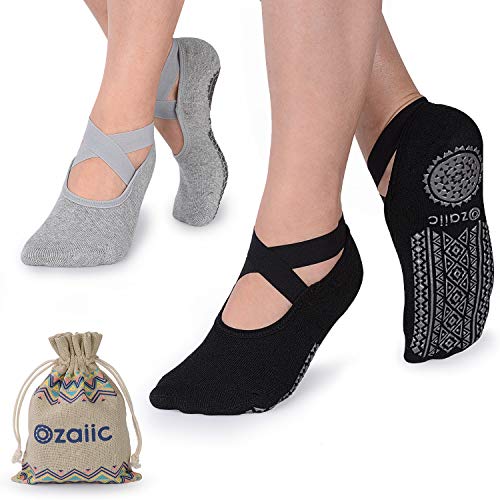 Ozaiic Pilates Socks for Women Non Slip Grip Yoga Barefoot Indoor Workout | Breathable cotton grippy sock, slipper sticky socks, one size fits women for barre, ballet, dance, hospital, home - color: 2p- Black/Gray