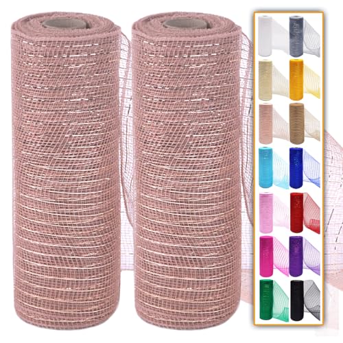 Rose Gold Mesh Ribbon Rolls 10 Inch 10 Yds, Deco Mesh Fabric for Wreaths | (2 Rolls) 30Ft Each, Decorative Foil Mesh for Christmas Tree Ribbon, Door Decor, DIY Crafts, Halloween, Wedding Party Supplie - color: Rose Gold
