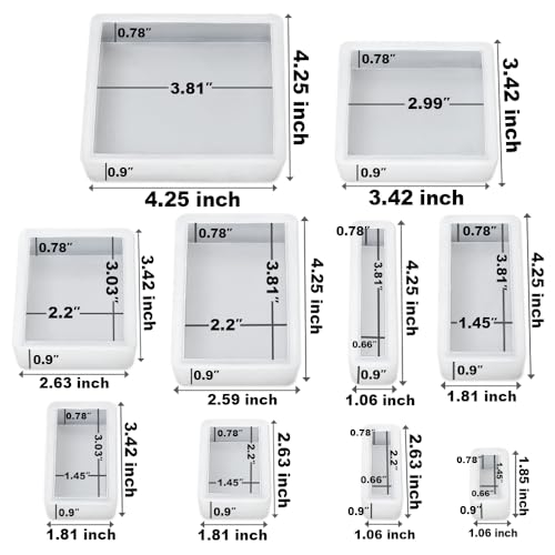 RESINWORLD Upgraded 10 Sizes Epoxy Resin Molds Silicone Kit, Square Rectangle Silicone Molds for Resin, Soap, Candles, Specimen, Dried Flower