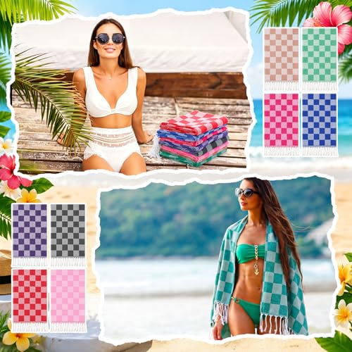 Peryiter 16 Pcs Oversized Cotton Turkish Beach Towels with Storage Bags - Quick Dry, Sand-Free, Lightweight, Checkerboard 35x71 Inch Towels for Pool, Beach, Yoga, Camping, Spa