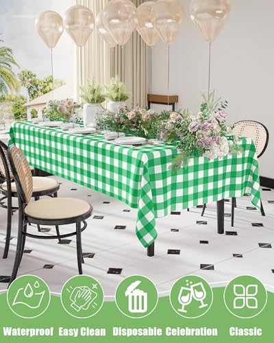 Smiry 8 Packs Gingham Disposable Table Cloth, 54 x 108 Inch Waterproof Plastic Tablecloth, Rectangle Green and White Checkered Table Covers for Party, Birthday, Picnic, Banquet - color: Green and White, size: 54"x108" (Pack of 8)