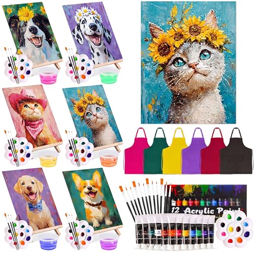 Cholemy 6 Set Paint and Sip Kit for Adults 8"x 10" Pre Drawn Canvas Painting with Wooden Easel Acrylic Paint Wash Cup Brushes Palette Apron for Painting DIY Adult's Date Party Supplies(Happy Pets) - style: Happy Pets