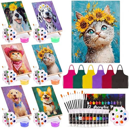 Cholemy 6 Set Paint and Sip Kit for Adults 8"x 10" Pre Drawn Canvas Painting with Wooden Easel Acrylic Paint Wash Cup Brushes Palette Apron for Painting DIY Adult's Date Party Supplies(Happy Pets) - style: Happy Pets