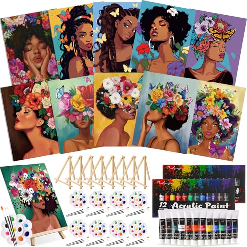 Ctosree 72 Pcs Flower Lady Paint and Sip Kit for Adults 8'' x 10'' Pre Drawn Canvas for Painting DIY Pre Printed Canvas for Party Favor Acrylic Painting Kit Wood Easel Brushes Date Night Bulk - style: Flower Lady