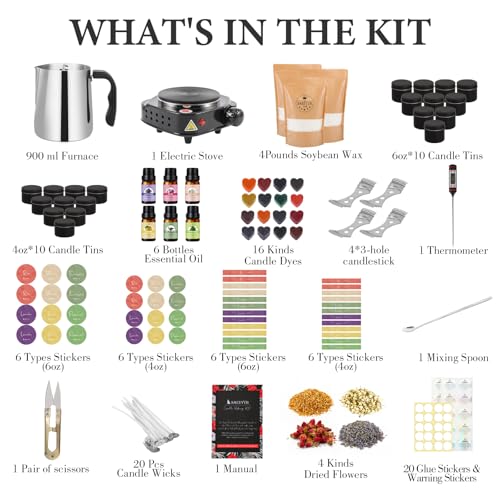 SAEUYVB Candle Making Kit, Candle Making Kit for Adults - DIY Starter Soy Candle Making Supplies-Including Soy Wax,Electric Stove,Melting Pot,Candle Wicks,Rich Scents,Stickers,Etc - size: 20 pcs candle tins kit
