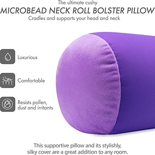 Microbead Bolster Neck Roll Pillow, 14x8 in Cylinder Tube, Dark Lavender | Silky feel fabric helps prevent wrinkles & hair breakage; feather-light beads gently cushion head & shoulders as you rest - color: Dark Lavender