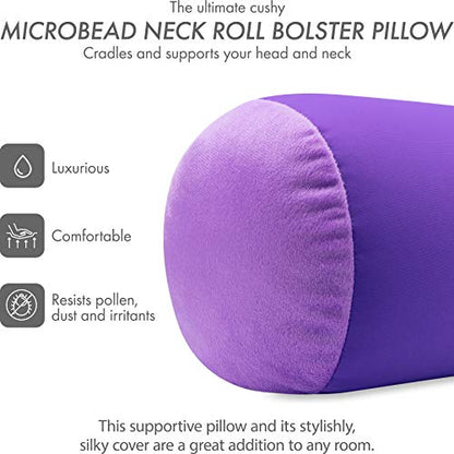 Microbead Bolster Neck Roll Pillow, 14x8 in Cylinder Tube, Dark Lavender | Silky feel fabric helps prevent wrinkles & hair breakage; feather-light beads gently cushion head & shoulders as you rest - color: Dark Lavender