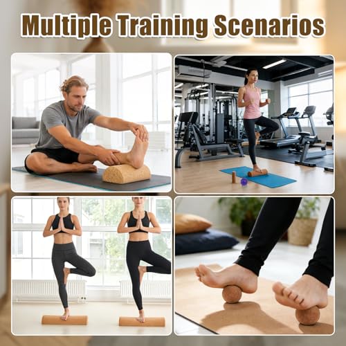 Cork Balance Board for Adults, Foot & Ankle Strengthener Balance Trainer with Cork Roller, Spiky Massage Ball, Toe Correctors & Stretch Strap, Foot Balance Board Set for Mobility, Stability & Functional Training