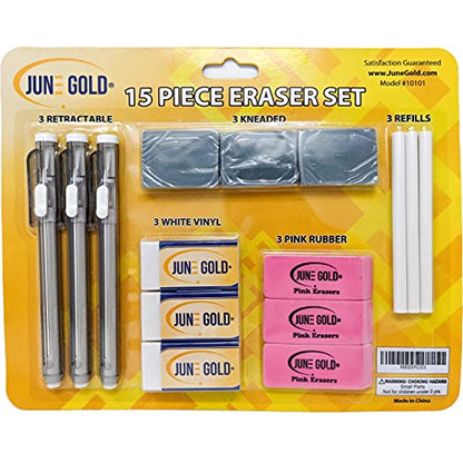 June Gold 15 Piece Art Eraser Set, White, Pink, Kneaded, and Retractable | 3 White Vinyl (Firm), 3 Pink Rubber (Medium), 3 Kneaded (Soft), 3 Retractable (Precision), & 3 Retractable Refills