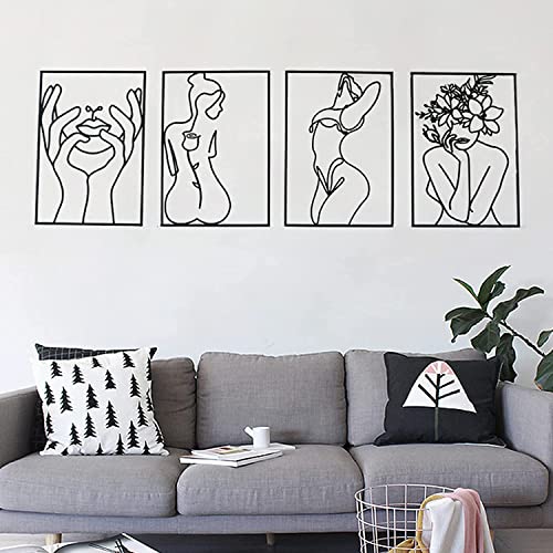 Glamativity Large 4 Pack Black Wall Art, Minimalist Single Line Art, Real Metal Wall Art, Woman's Body Shape Abstract Art (Black Classic Style, L Size 22.5 x 15.7'') - color: Black Classic Style, size: L Size 22.5 x 15.7''