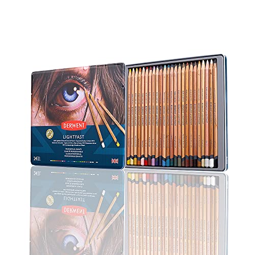 Derwent Lightfast Colored Pencils 24 Tin, Set of 24, 4mm Wide Core, 100% Lightfast, Oil-based, Premium Core, Creamy, Ideal for Drawing, Coloring, Professional Quality (2302720) - size: 24 Count (Pack of 1)
