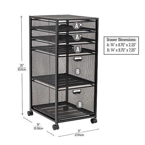 Mind Reader Vertical Office Storage Organizer with Mesh Drawers Label Holders and Optional Wheels, Metal Mesh, Black - size: 5-Drawers