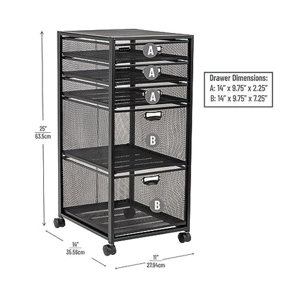 Mind Reader Vertical Office Storage Organizer with Mesh Drawers Label Holders and Optional Wheels, Metal Mesh, Black - size: 5-Drawers