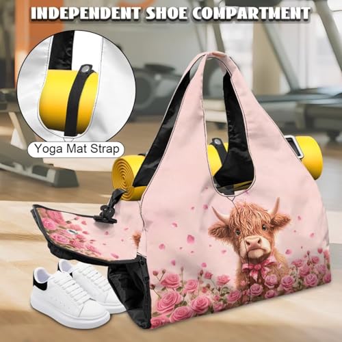 Gym Bag with Yoga Mat Holder Large Tote Bag With Multi Pockets for Women Men Dry Wet Separated Pocket Carryall Yoga Tote Bag for Pilates Travel Workout Office - color: Highland Cattle