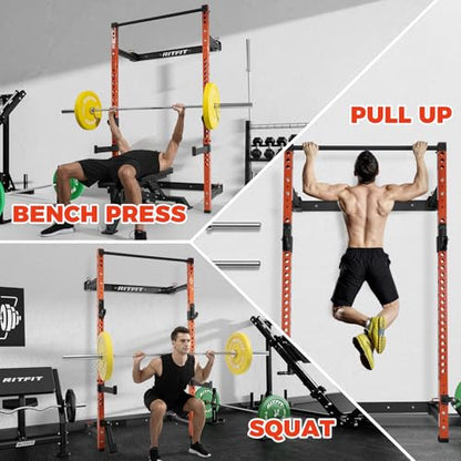 RitFit 2.36'' x 2.36'' Folding Squat Rack for Home Gym, Wall Mounted Squat Rack with Attachments - Space Saving Squat Power Rack - color: Orange, style: Folding Squat Rack