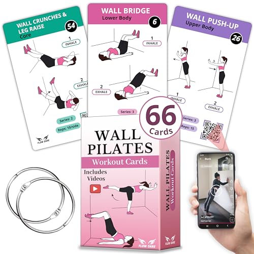Wall Pilates Workouts for Women – 66 Exercise Cards with Videos & Workout Plan – Includes 5-Week Challenge, E-book, Chart & 2 Rings for Easy Organization – Home Pilates Workout Guide
