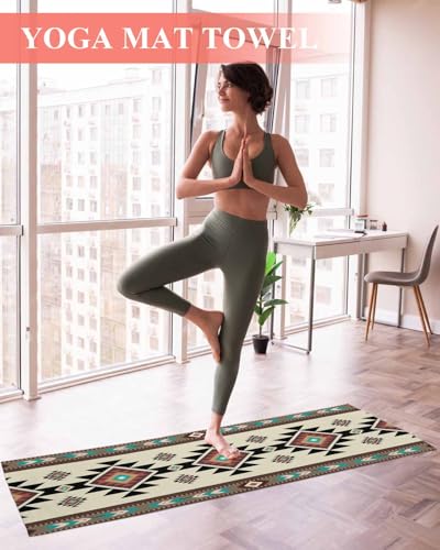 Southwest Geometric Yoga Towel for Hot Yoga Non Slip, Brown Mexican Aztec Boho Tribal Absorbent Yoga Sweat Mat Towels Microfiber Hot Bikram Pilates Fitness Towel 26"x74" - size: 26x74in