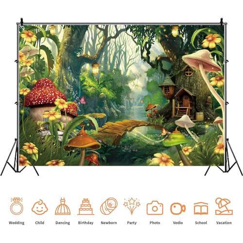 Yeele 8x6ft Enchanted Forest Photo Backdrop Spring Mushroom Wonderland Fairy House Photography Background Girl Room Wall Decorations Birthday Baby Shower Banner Photo Props - size: 8x6ft