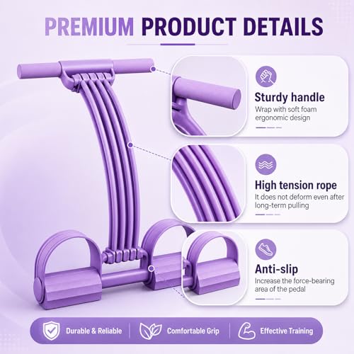 Pedal Resistance Band with Handles, 8 Tube Upgraded Exercise Band, 3-in-1 Multi-Function Latex Fitness Equipment for Foot Pull, Back & Chest Workout - color: Purple