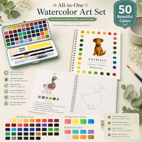 Babaroce Watercolor Paint Set with Workbook Watercolor Art Kit with Guided Painting Book – 50 Shade Paint Set for Adults & Beginners with Brushes & Metallic Tones(Animals, with 50 Color Box) - size: 1 Count (Pack of 1)