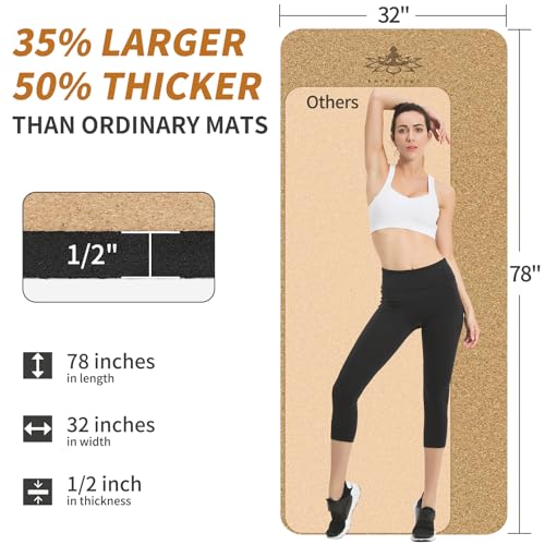 Hatha Yoga Extra Large Natural Cork Yoga Mat - 78" x 32" or 72" x 48", 1/2" Extra Thick Non-slip TPE Exercise Mat, Anti-tear Pilates Mat for Home, Gym, Hot Yoga, Stretching, Fitness & Workouts - size: Extra Long (78"x32"x1/2")