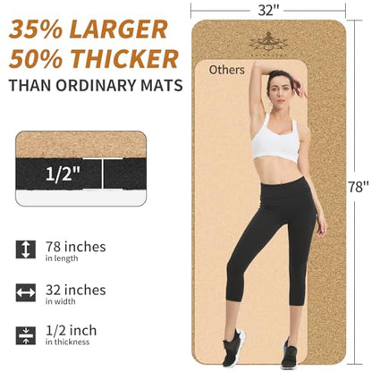 Hatha Yoga Extra Large Natural Cork Yoga Mat - 78" x 32" or 72" x 48", 1/2" Extra Thick Non-slip TPE Exercise Mat, Anti-tear Pilates Mat for Home, Gym, Hot Yoga, Stretching, Fitness & Workouts - size: Extra Long (78"x32"x1/2")