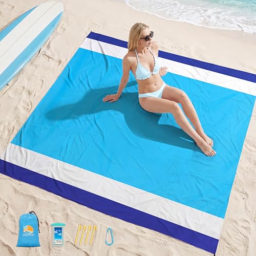 Aroveea Beach Blanket Waterproof Sandproof 78''X81''/10'X9' Oversized Mat - color: Bluewhite, size: 78''x81''