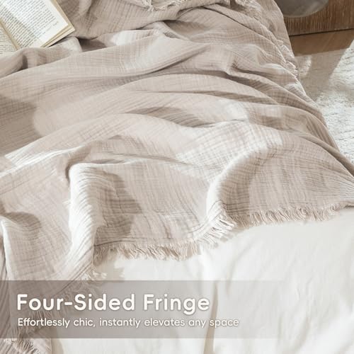 MooMee 100% Cotton Muslin Blanket Fringed 4-Layer Gauze Bed Throw, Queen - color: Cream Grey, size: Queen