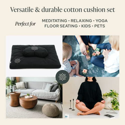 Mindful & Modern Meditation Cushion & Zabuton Meditation Mat Bundle - 100% Cotton Meditation Cushion Set for Yoga - Buckwheat Crescent Shaped Zafu Floor Pillow Rectangular Mat - Minimal Black Color