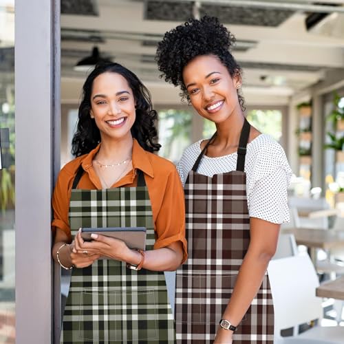 Apron with Pockets, 32x28 inch, 2 Pack, Checkered | Brown Green Plaid Grid Adjustable Bib with Pockets for Women Men Couple Lovers Chef Home Baking Gardening - color: Dark Brown Green