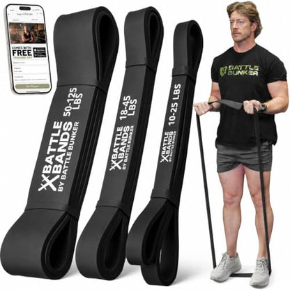 Battle Bunker Resistance Bands for Working Out - Heavy Duty Pull-Up Assist | Stretch Bands for Exercise and for Pull-Up Assistance, Strength Training and Powerlifting. Multi-layer Natural Latex, 3 Pack