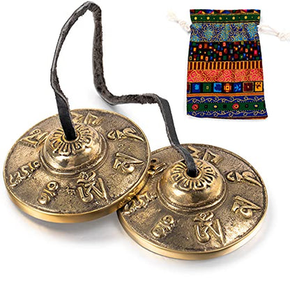 Boao Tingsha Meditation Bell with Bag,Om Mane Padme Hum Symbols Embossed - color: Om Mane Padme Hum Symbols Embossed