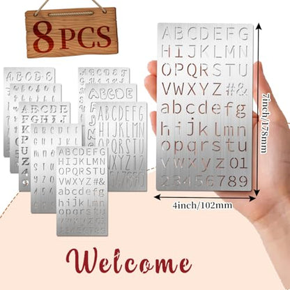 Eageus 8 Pcs Metal Letter Stencils Wood Burning Stencil Lettering Stencils, Small Reusable Alphabet Painting Template for Carving Drawing Engraving Journal Pyrography Craft(Letter Style) - style: Letter Style