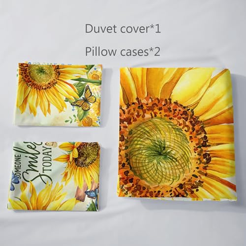 AILONEN Sunflower Duvet Cover Set Full Size,Garden Sunflowers Bedding Set,Yellow Flowers Comforter Cover Set,3 Pieces Butterfly Sunflower Duvet Cover Set, 1 Quilt Cover and 2 Pillowcases - color: Sunflower43, size: Full