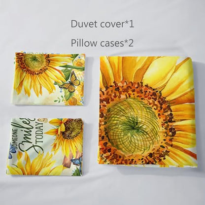 AILONEN Sunflower Duvet Cover Set Queen Size,Garden Sunflowers Bedding Set,Yellow Flowers Comforter Cover Set,3 Pieces Butterfly Sunflower Duvet Cover Set, 1 Quilt Cover and 2 Pillowcases - color: Sunflower43, size: Queen