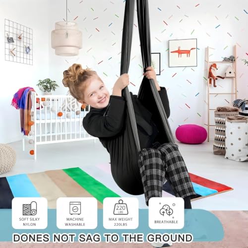 Aokitec Sensory Swing for Kids & Adult, Indoor Outdoor Cuddle Hammock Chair | Therapy swing, Special Needs, Autism, ADHD, Adjustable, Soft Nylon 300LB Capacity, 360 Swivel Hanger, All Hardware Included - color: Black
