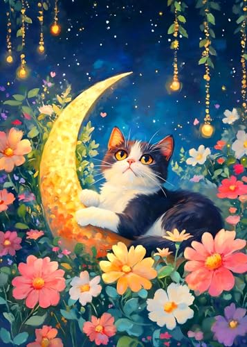 SANYUN Cat Diamond Art Kits for Adults,Cat On Moon with Flowers 12x16inch | Flowers Diamond Painting Kits for Beginners,DIY 5D Round Diamond Dot Art,Perfect for Holiday Gift and Home Decor - color: B-001 Moon Cat