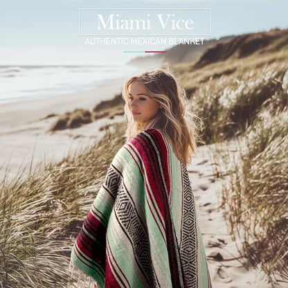 Hydration Nation Authentic Large Handwoven Mexican Blanket - Soft Yoga- Durable Serape- Lightweight Falsa, Beach, Camping, Picnic, Outdoor Blanket 70"x50" - Miami Vice - color: Miami Vice