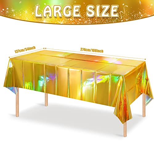 4 Pack Gold Iridescent Plastic Tablecloths Shiny Disposable Laser Rectangle Table Covers Holographic Foil Tablecloth Iridescent Party Decorations Birthday Bridal Wedding Christmas, 54 x 108 Inch - color: Gold