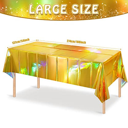 4 Pack Gold Iridescent Plastic Tablecloths Shiny Disposable Laser Rectangle Table Covers Holographic Foil Tablecloth Iridescent Party Decorations Birthday Bridal Wedding Christmas, 54 x 108 Inch - color: Gold