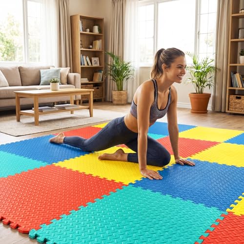 Tangkula Puzzle Exercise Mats, 0.5” Thick EVA Interlocking Foam Floor Tiles for Protective, Non-Slip Workout Mats for Home Gym Equipment, Foam Play Mats, 25 in x 25 in, 52 Sq Ft - 12 Tiles - color: Colorful, size: 52 Sq.Ft.