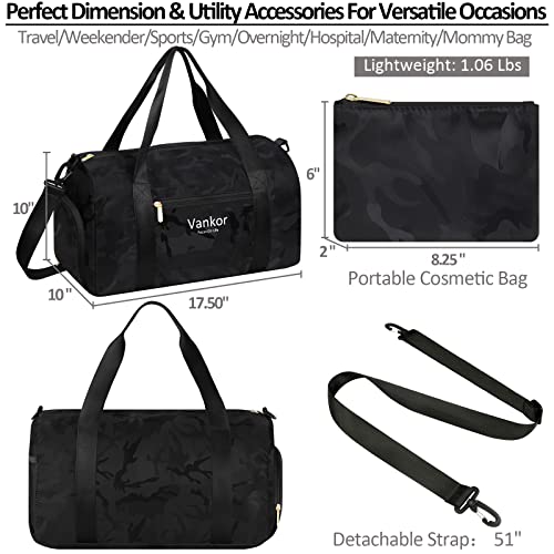 Vankor Gym Bag for Women, 17.5 inch Sports Duffle Bag with Shoe Compartment - color: Camo Black