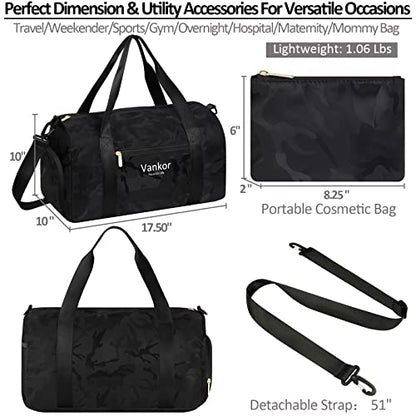 Vankor Gym Bag for Women, 17.5 inch Sports Duffle Bag with Shoe Compartment - color: Camo Black