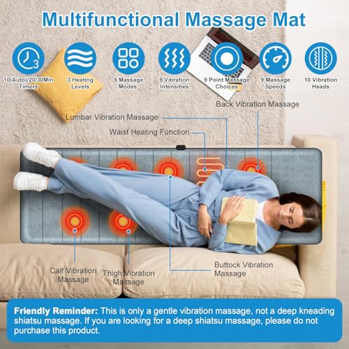 KOCASO Full Body Massage Mat with Heat- Electric Vibration Massage Pad for Chair, Bed & Floor Use with 10 Motors, 9 Modes, 3 Heat Levels, Inflatable Pillow - Ideal Home Office Gift for Women & Men - size: 64.17x18.9x0.98 in