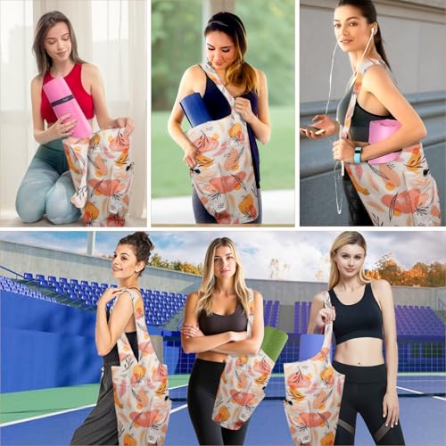 Yoga Mat Bag Carrier for Women Workout Large Waterproof with Zipper Pocket, Keychain and Wide Shoulder Straps - color: boho leaves