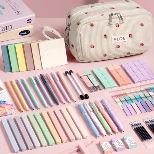 62PCS Aesthetic School Supplies Cute Back to School Supplies Stationary Set | College Preppy Essentials Kit with Large Pencil Pouch Case, Pastel Highlighters Gel Pens Mechanical Pencils for Student Girls - color: Beige Strawberry