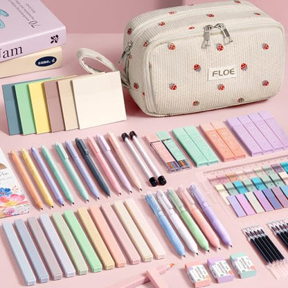 62PCS Aesthetic School Supplies Cute Back to School Supplies Stationary Set | College Preppy Essentials Kit with Large Pencil Pouch Case, Pastel Highlighters Gel Pens Mechanical Pencils for Student Girls - color: Beige Strawberry