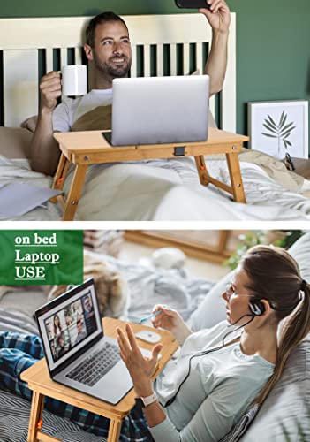 Nnewvante Bamboo Laptop Desk for Bed with Tilting Top, Drawer 21.6 x 13.8In | Adjustable Foldable Bed Tray with Tilting Top and Drawer for Laptop Work, Breakfast, Reading and Relaxing on Bed Or Couch. - color: Bamboo, size: 21.6"