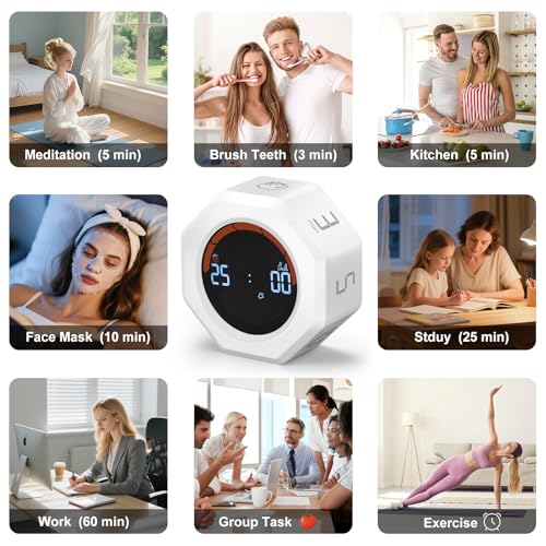Small Productivity Timer, Pomodoro Timer with 5 Presets (White) | 3/5/10/25/60 Min Presets & Custom Countdown, Magnetic Rechargeable Digital Clock for Desk, Study, Work and Games - color: White